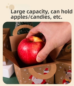 Close-up of placing an apple into the Christmas kraft paper gift box with handle