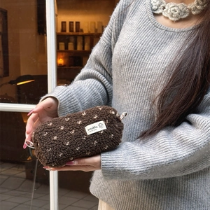 Brown plush heart pencil case with large capacity and soft sheep wool material texture