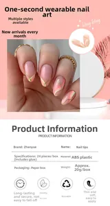Detail of almond press-on nails featuring pink base with gold glitter and rainbow stripes