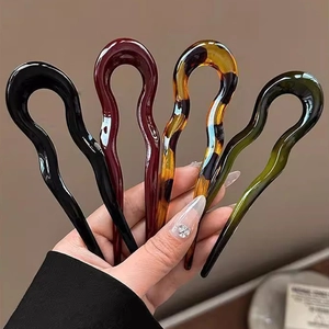 U Shaped Hair Stick Acetate Resin Wave Design For Women Updo Bun Minimalist Elegant Glossy Hair Fork Pin
