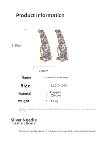 Macro view showing dimensions and materials of curved zircon earrings with silver pins