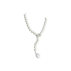 Elegant Y-shaped pearl necklace featuring a zircon leaf pendant and teardrop drop pearl