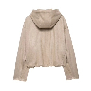 Back view of khaki hooded bomber jacket with soft faux suede texture and ribbed hem