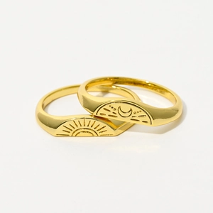 Sun And Moon Engraved Copper Rings 14k Gold Plated Vintage Bohemian Geometric Signet Jewelry For Women Men