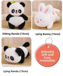 Detailed comparison of plush panda and bunny toys showing 14cm and 15cm size measurements
