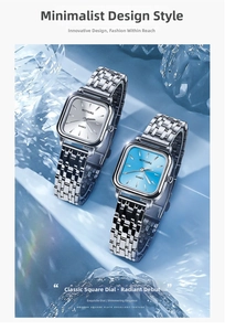 Detail view of square dial quartz watches with steel bands on ice crystal background