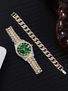 Macro shot of luxury iced-out watch with green dial and matching Cuban link bracelet
