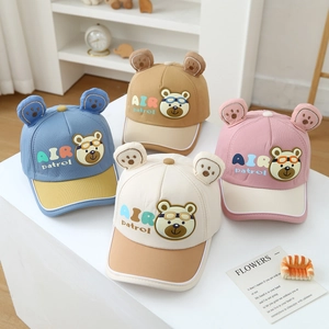 Kids bear ears baseball caps with AIR patrol embroidery in pink blue beige and brown