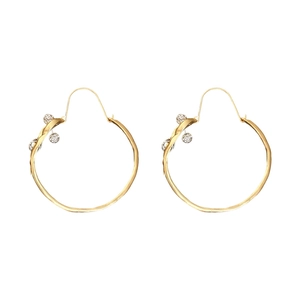 Golden hoop earrings with sparkling crystal-encrusted spheres and twisted metal detail