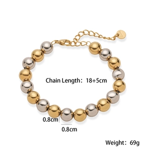 Detailed view of two-tone gold and silver beaded bracelet with 18cm chain length and specs