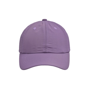 Detailed close-up of purple quick-dry mesh fabric and precise stitching on kids baseball cap