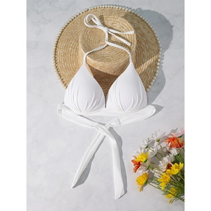 Halter Ruched Bikini Top Women Push Up Tie Neck Backless Swimwear Nylon Spandex Sexy Beach Bathing Suit