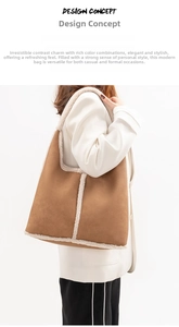Detail of a large brown suede tote bag with white faux fur trim and shoulder strap