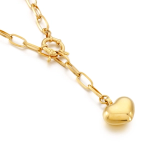 Gold-plated chunky chain necklace with spring clasp and 3D heart pendant on white background