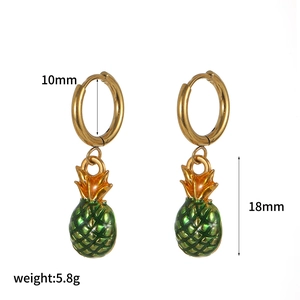 Detail view of pineapple earrings with 10mm gold hoops and measurements 18mm length