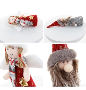 Detailed close-up showing knitting textures and plush wings of Xmas angel ornaments