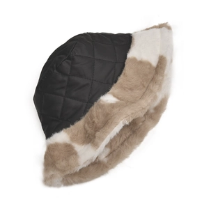 Detail of reversible winter bucket hat with quilted black fabric and khaki plush faux fur