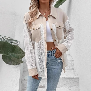 Close-up of beige and white mesh lace patchwork on a collared long-sleeve shirt jacket