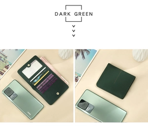 Detail of dark green leather wallet showing multiple card slots and slim RFID design