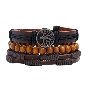 Men's retro four-piece leather bracelet set featuring wood beads and Tree of Life pendant