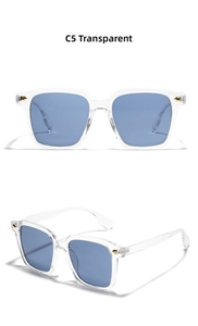 Detail view of transparent C5 square sunglasses with blue lenses and gold metal accents