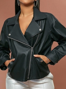 Giacca Da Motociclista In Pelle PU Da Donna Revers Vestibilità Aderente Maniche Lunghe Stile Moto Cerniera Casual Nero