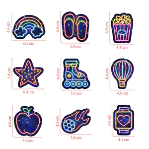 Detailed size chart showing holographic vinyl stickers dimensions for water bottles and laptops