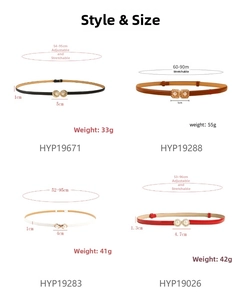 Size chart for adjustable skinny waist belts with pearl buckles and various dimensions