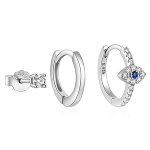 Detail of S925 sterling silver evil eye earring set with blue and clear zircon stones