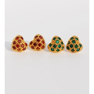 Elegant gold plated heart stud earrings set with red and green cubic zirconia stones
