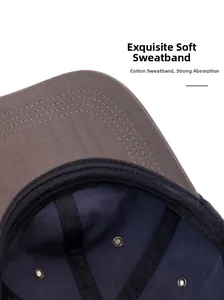 Detail of blue baseball cap inner cotton sweatband with precise five-row stitching