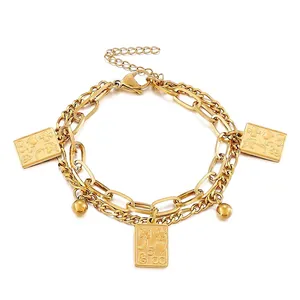 Double Layer Stainless Steel Bracelet For Women Fashion Square Card Heart Lucky Number 5 Pendants Chain Jewelry