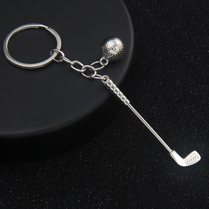 Creative silver metal golf ball and club keychain for bag decoration and sports gift