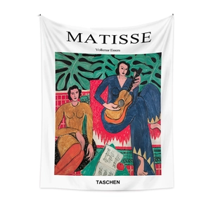Artistic Bohemian tapestry featuring Henri Matisse's musical theme on a white fabric background