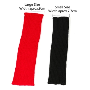 Winter rib knit leg warmers in black and red colors showing two width specifications