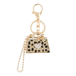 Leopard print handbag keychain with golden lobster clasp and rhinestone heart charm