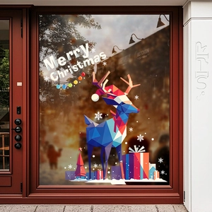 Modern geometric reindeer Christmas window decals with gift boxes and tree for shop decor