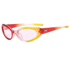 Y2K retro cat-eye cycling sunglasses with red-yellow gradient lenses and metal B logo