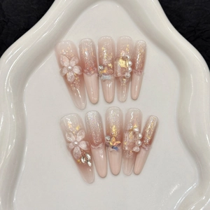 Handmade Press On Nails Long Stiletto Nude Pink Gradient Glitter 3D Flower Artificial Pearl Rhinestone Elegant Artificial Fingernails