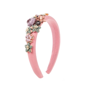 Baroque floral headband with pink fabric roses and rhinestones for women