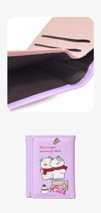 Detail of a purple tri-fold wallet showing card slots and cute cat pattern illustration