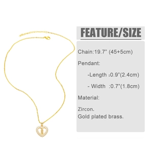 Size specifications for gold Virgin Mary heart pendant necklace with dimensions and materials