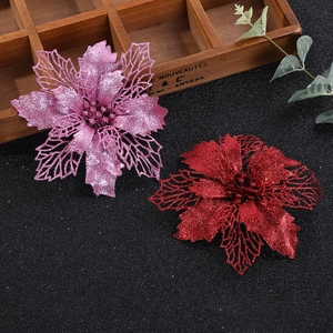 Pink and red glitter hollow poinsettia flowers for Christmas tree decoration