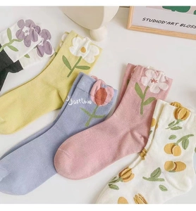 Detail of sweet cotton mid-calf socks with 3D floral tulip and daisy knit patterns