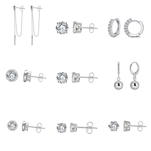 Detailed grid showing variety of S925 sterling silver stud and hoop earrings with cubic zirconia