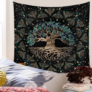 Detail of Tree of Life tapestry with Celtic knots on a black background in a bedroom