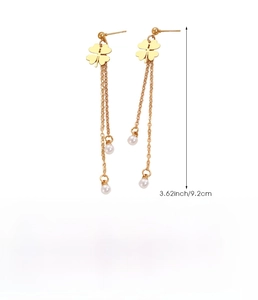 Detail specifications for long tassel clover flower earrings with pearls in gold copper