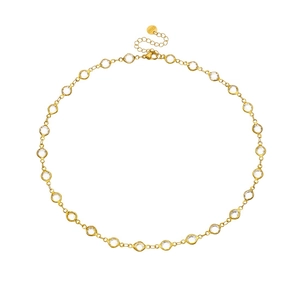Gold stainless steel chain necklace set with clear round crystals on white background