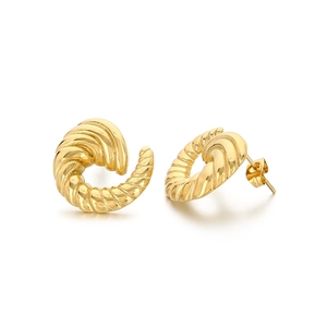 Irregular gold spiral croissant stud earrings in minimalist stainless steel design
