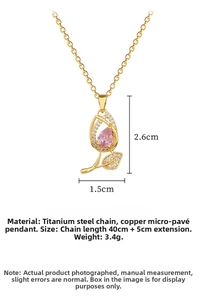 Detailed view of pink tulip pendant necklace with dimensions and gold finish specs
